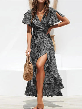 Vestido Longo de Chiffon Babado Decote V