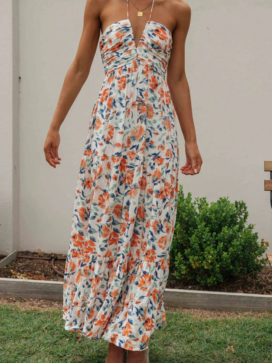 Vestido Feminino Longo Frente Única Floral Chiffon